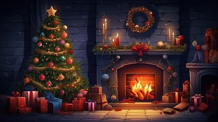 Obraz premium Cozy Christmas Eve scene with a decorated tree and roaring fireplace, surrounded by gifts.