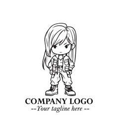Black and White Chibi Girl Standing in Jacket, Pants, and Boots. Simple Bold Vector Illustration