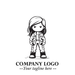 Black and White Chibi Girl Standing in Jacket, Pants, and Boots. Simple Bold Vector Illustration