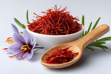 Fototapeta premium Saffron spice threads with crocus flower and rosemary