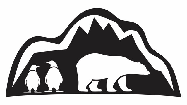 Bold monochrome landscape featuring a polar bear and penguins amidst snowy mountains, perfect for nature themed designs and conservation awareness