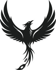 Obraz premium Phoenix silhouette vector, mythical bird design, tribal tattoo style, symmetrical wings spread, rebirth symbol, flame tail, black graphic art