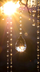 Sunlight shining through crystal chandelier beads, sparkling and elegant, close up view