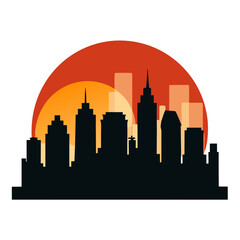 Obraz premium Cityscape silhouette against a vibrant sunset with layered buildings silhouette