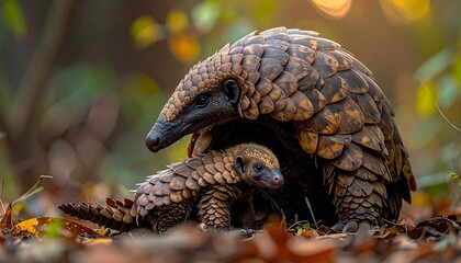 Fototapeta premium A pangolin and its pup rest amid fallen leaves, scales shining in soft sunlight