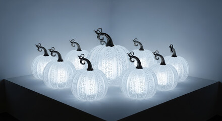 Illuminated white pumpkins create a festive halloween display