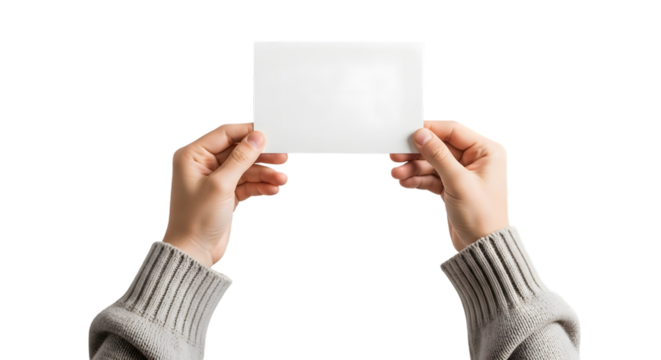 Two hands holding a blank white square card isolated on transparent background - Powered by Adobe