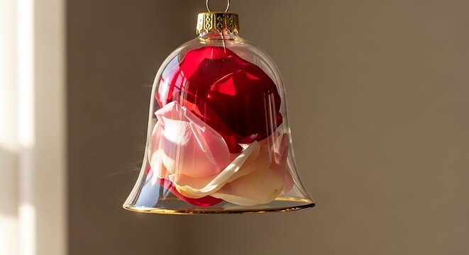 A delicate glass bell ornament filled with vibrant red, pink, and cream rose petals, softly illuminated by natural light.