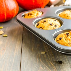Pumpkin chocolate chip muffins in a baking tin