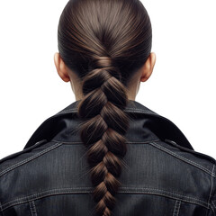Woman s dark braided hair with black denim jacket isolated on transparent background