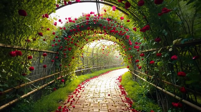 Romantic Rose Garden Archway Pathway with Petals and Sunlight roses Motion Background HD 4K Seamless Loop Footage video