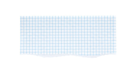 Torn piece of graph paper with blue grid lines isolated on transparent background