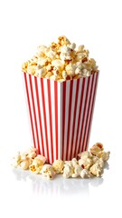 A classic red and white striped popcorn container filled