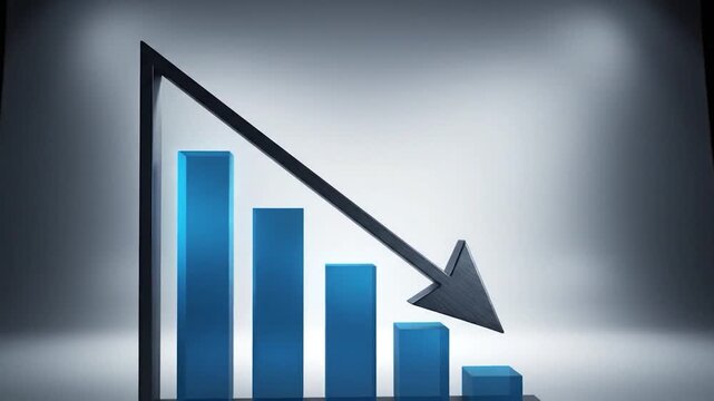 Graphic depiction of downward trend with blue bar graph and a downward arrow