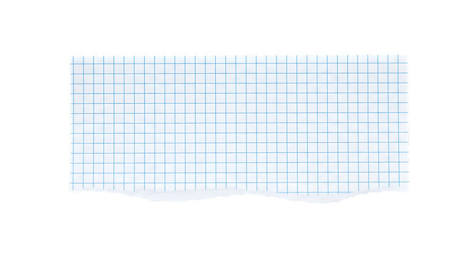 Torn piece of graph paper with blue grid lines isolated on transparent background