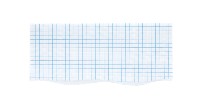 Torn piece of graph paper with blue grid lines isolated on transparent background