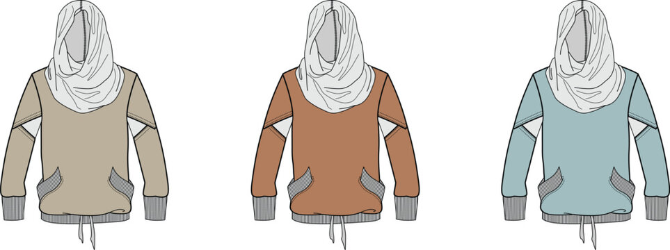 Set of technical flat sketches featuring a women's modest activewear hoodie with a built-in hijab, presented in various color options for fashion design