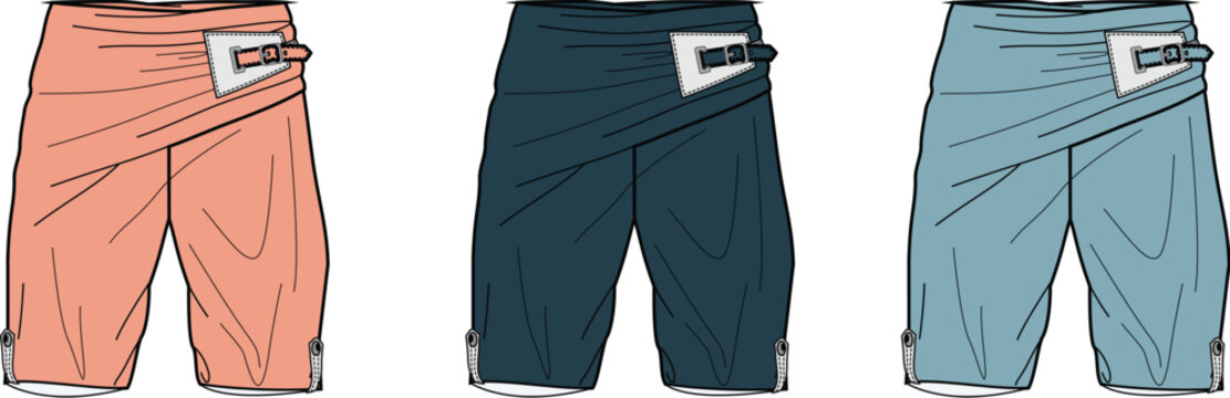 Women's wrap-style capri pants technical drawing fashion design template. Vector illustration set in multiple colors