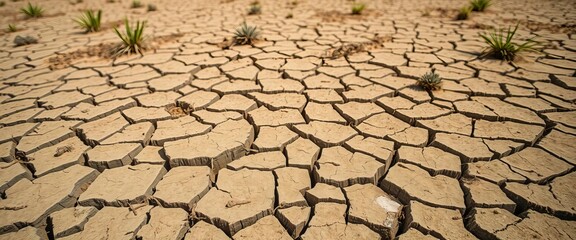 Dry, cracked earth with sparse vegetation, representing drought and arid environmental conditions,  earth,  nature