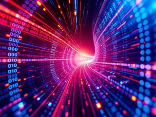 Obraz premium Abstract visualization of a binary data stream in motion, glowing lines of ones and zeros, movement, technology