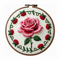 Elegant red rose embroidery art surrounded by delicate floral vine border