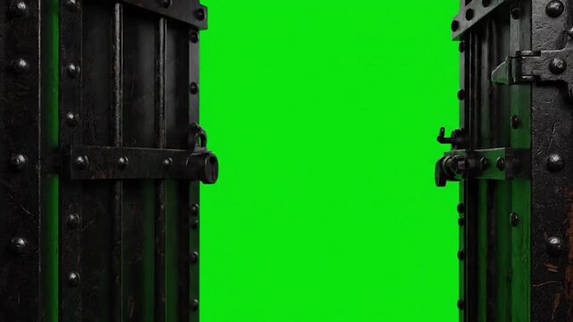 Close-up of heavy, iron jail bars with a green screen backdrop, partially open