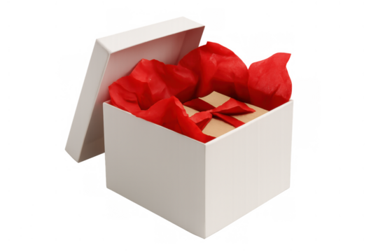 White gift box with lid open revealing kraft paper present, red tissue paper inside, transparent background