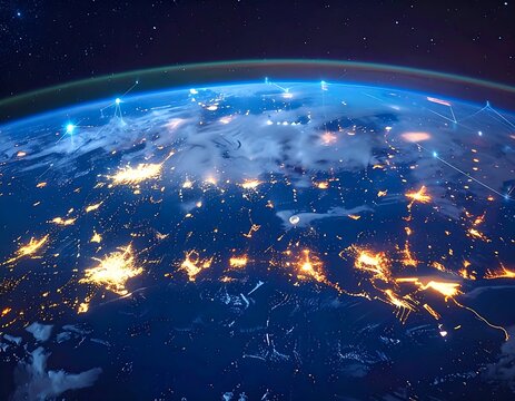 Earth from space at night with connected lights across the globe