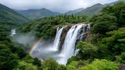 Naklejka premium Jog Falls cascading water and rainbow in Shivamogga, Karnataka