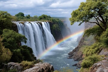 Fototapeta premium Victoria Falls, Zambia showing rainbow over powerful waterfall