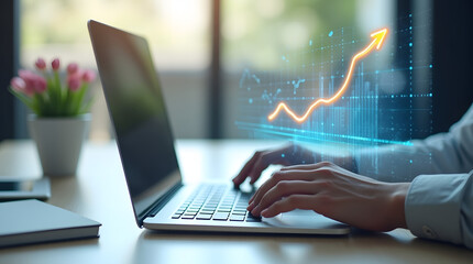 Hands on laptop, digital growth chart overlay, symbolizing business success, financial progress, and data-driven strategic advancement in a modern office setting