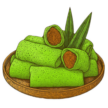 Vintage Realistic Vector Illustration of Dadar Gulung Indonesian Pandan Coconut Roll