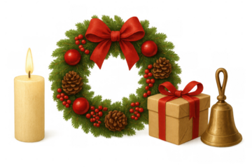 Christmas holiday celebration composition with wreath, candle, gift box, bell, winter decoration elements