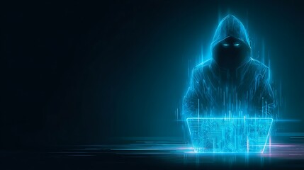 Abstract digital anonymous hacker with light blue laptop and AI chip. Technology electronics background. Computer chip and glitch data flow. Tech artificial intelligence bg. Vector illustration
