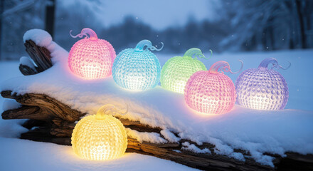 Colorful glowing lanterns illuminate snowy winter landscape