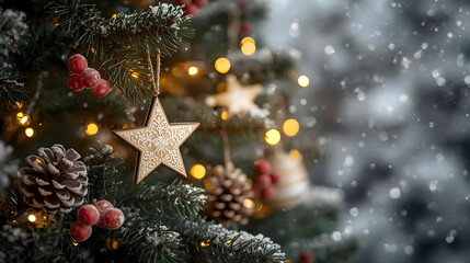 Close-up of a decorated Christmas tree with wooden star ornaments, pine cones, red berries, and twinkling lights, with a snowy, blurred background.