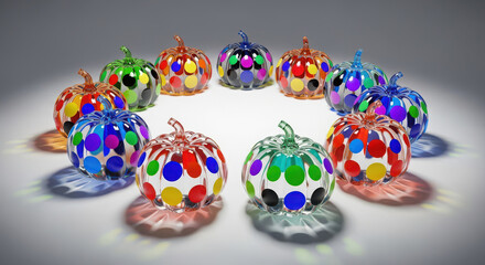 Colorful glass pumpkins arranged in a circle