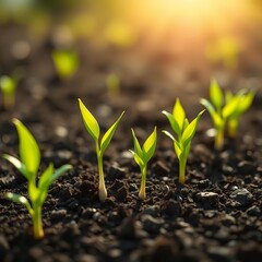Fresh green shoots sprout from rich soil under bright sunshine, symbolizing new beginnings and renewal,  season,  growth