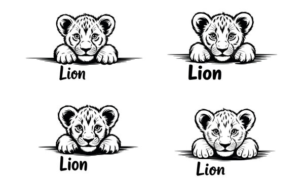 Lion cub face icons in black and white animal illustration design
