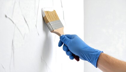 A blue gloved hand paints a textured wall white with a brush, applying fresh coat. Soft focus