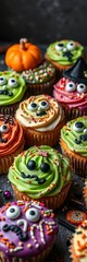 Ghoulishly decorated cupcakes and cookies with Halloween-themed icing and sprinkles, a sweet delight,  festive,  dessert