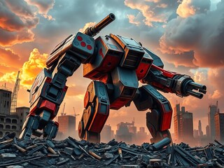 Giant mech on ruined city, gun raised against storm clouds, apocalypse concept,  powerful,  energy