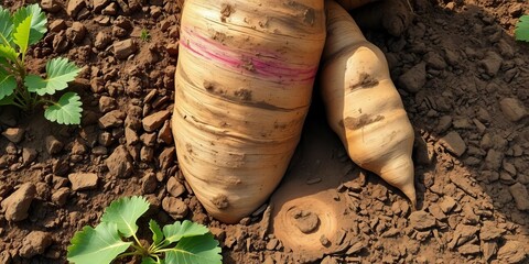 Giant root vegetable growing in soil, natural farming,  bounty,  sustenance