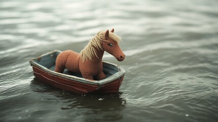 Stuffed horse floating on a toy boat