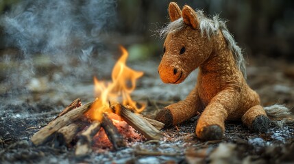 Stuffed horse enjoying a make believe campfire