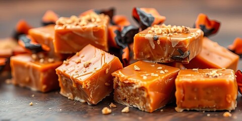 Gooey caramel squares wrapped in orange and black foil, a classic autumn delight,  october,  seasonal