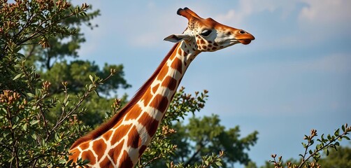 Graceful giraffe stretches its long neck to reach acacia leaves in the bush,  herbivore, giraffe