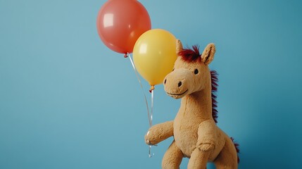 Stuffed horse holding a birthday balloon