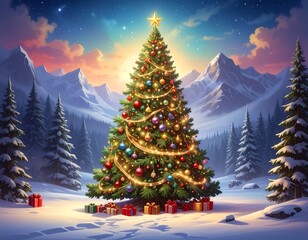 Festive fir tree adorned with ornaments under a starry sky and snow-capped peaks