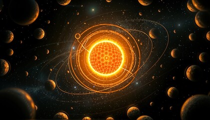 Futuristic 3D Visualization of a Central Glowing Star or Atomic Nucleus, Surrounded by Orbiting Data Rings and Numerous Floating Spheres in a Vast Digital Cosmic Environment